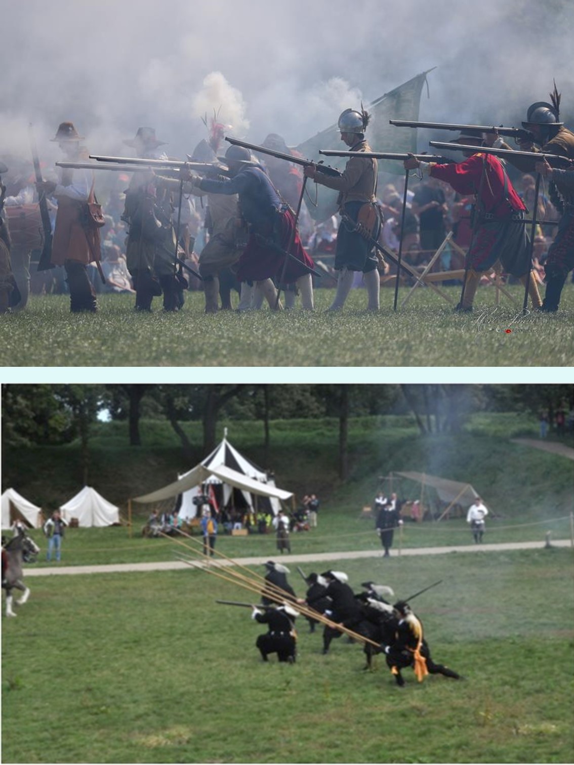   Re-enactment van piekeniers die hun pieken in de grond duwen om zich te verdedigen tegen paarden die ze van links aanvallen. En schutters die schieten in een rookwolk.   